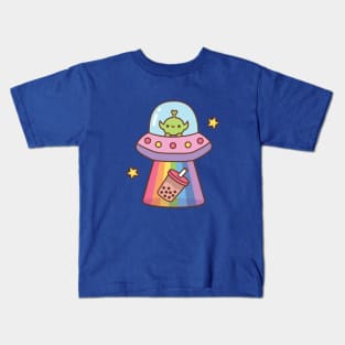 Cute Alien Abducts Bubble Tea Funny Kids T-Shirt